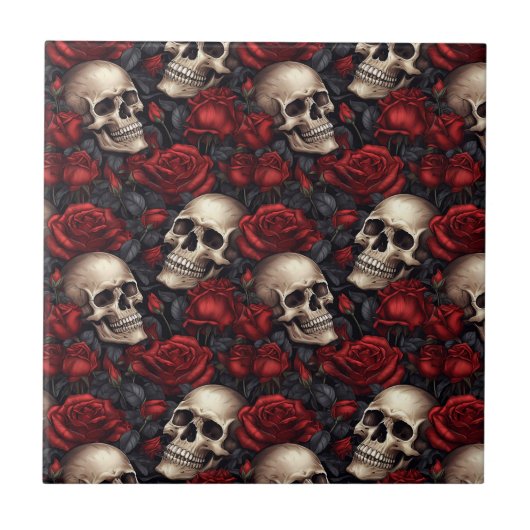 Een Schedel en Rozen Serie Ontwerp 10 Tegeltje (Voorkant)
