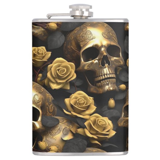 Een schedel en Rozen Series Design 8 Heupfles (Voorkant)