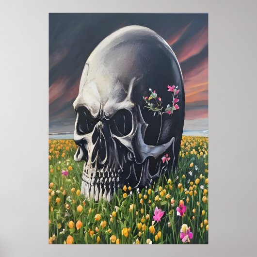 Een schedel op een bloemveld | AI Art Poster (Voorkant)