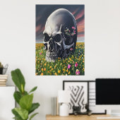 Een schedel op een bloemveld | AI Art Poster (Thuiskantoor)