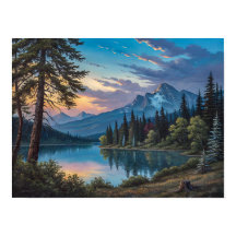 Een schilderij van een bergmeer en bomen in de avo