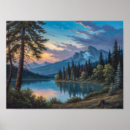 Een schilderij van een bergmeer en bomen in de avo poster