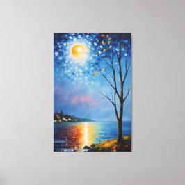 Een schilderij van een boom en een maan canvas afdruk