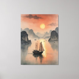 Een schilderij van een boot in het water canvas afdruk