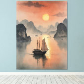 Een schilderij van een boot in het water canvas afdruk (Insitu (Houten vloer))