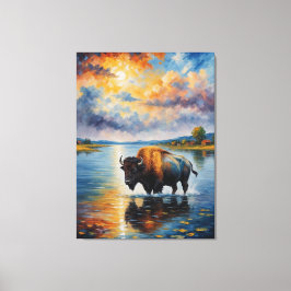 Een schilderij van een buffel in een rivier canvas afdruk