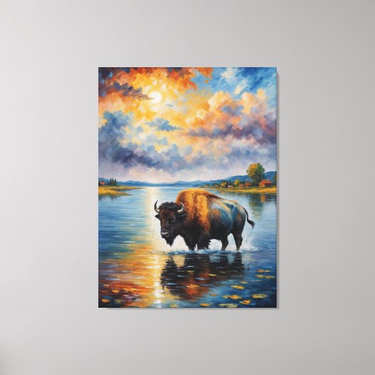 Een schilderij van een buffel in een rivier canvas afdruk (Voorkant)
