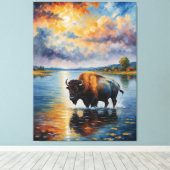 Een schilderij van een buffel in een rivier canvas afdruk (Insitu (Houten vloer))