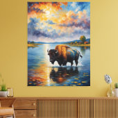 Een schilderij van een buffel in een rivier canvas afdruk (Insitu (Woonkamer))