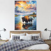 Een schilderij van een buffel in een rivier canvas afdruk (Insitu (Slaapkamer))