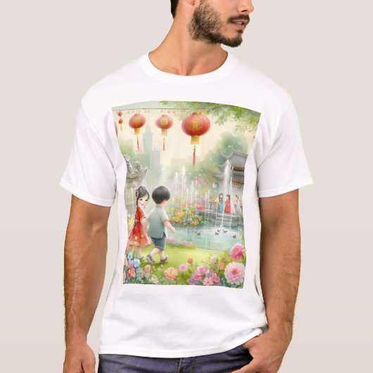 Een schilderij van een echtpaar in een tuin met ee t-shirt (Voorkant)