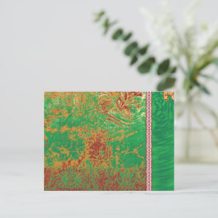 Een schilderij van een groen veld met een oranje r briefkaart