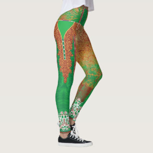 Een schilderij van een groen veld met een oranje r leggings
