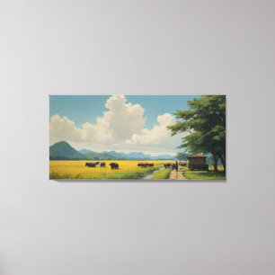 Een schilderij van een groep koeien in een veld vi canvas afdruk