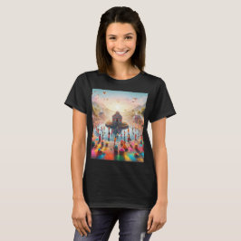 Een schilderij van een groep mensen in een park me t-shirt