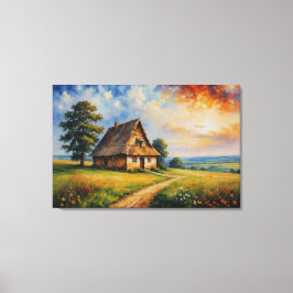 Een schilderij van een huis in een veld canvas afdruk