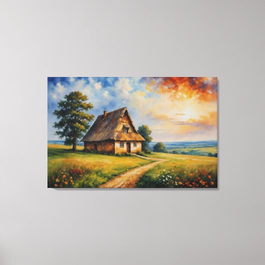 Een schilderij van een huis in een veld canvas afdruk (Voorkant)