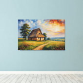 Een schilderij van een huis in een veld canvas afdruk (Insitu (Houten vloer))