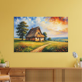 Een schilderij van een huis in een veld canvas afdruk (Insitu (Woonkamer))