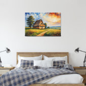 Een schilderij van een huis in een veld canvas afdruk (Insitu (Slaapkamer))