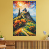Een schilderij van een huis op een heuvel met bome canvas afdruk (Insitu (Woonkamer))