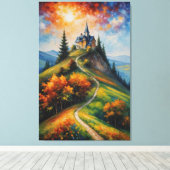 Een schilderij van een huis op een heuvel met bome canvas afdruk (Insitu (Houten vloer))