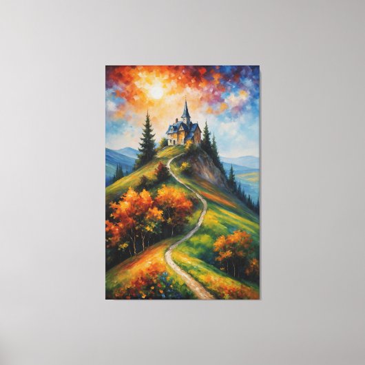 Een schilderij van een huis op een heuvel met bome canvas afdruk (Voorkant)