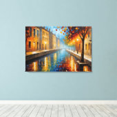 Een schilderij van een kanaal met bomen en gebouwe canvas afdruk (Insitu (Houten vloer))