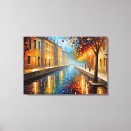 Een schilderij van een kanaal met bomen en gebouwe canvas afdruk