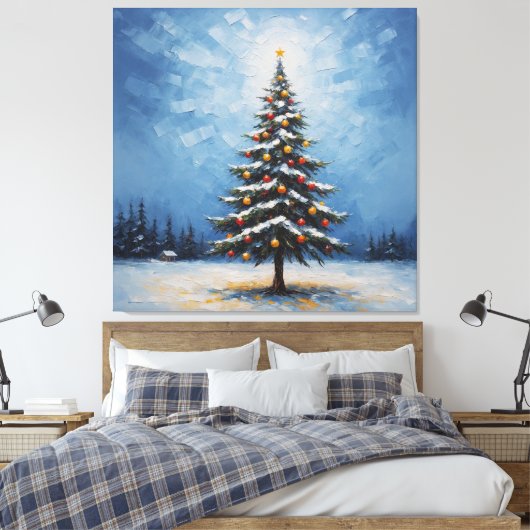 Een schilderij van een kerstboom met ornamenten canvas afdruk (Insitu (Slaapkamer))