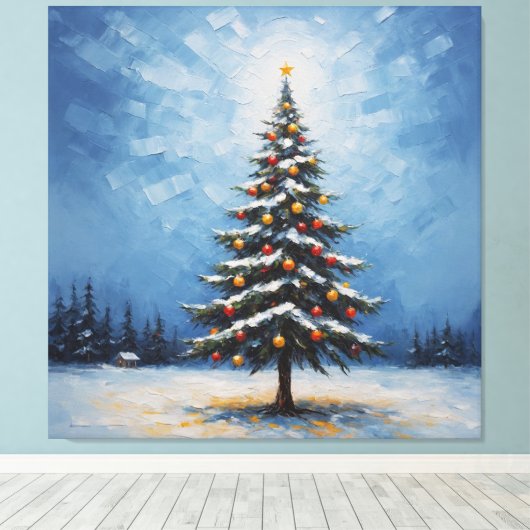 Een schilderij van een kerstboom met ornamenten canvas afdruk (Insitu (Houten vloer))