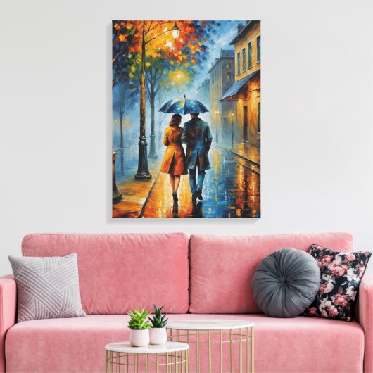Een schilderij van een koppel dat op een regenacht canvas afdruk (Insitu (Woonkamer))
