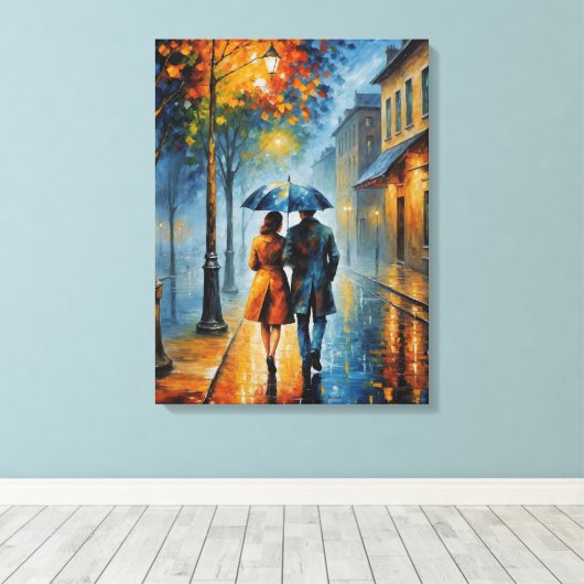 Een schilderij van een koppel dat op een regenacht canvas afdruk (Insitu (Houten vloer))