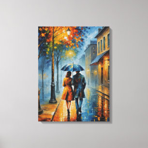 Een schilderij van een koppel dat op een regenacht canvas afdruk