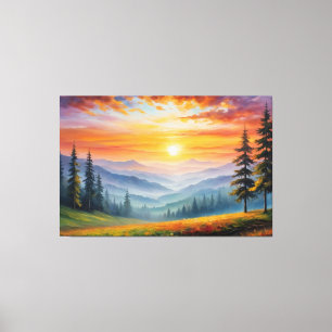 Een schilderij van een landschap met bergen en bom canvas afdruk