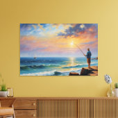 Een schilderij van een man dat aan het vissen is o canvas afdruk (Insitu (Woonkamer))
