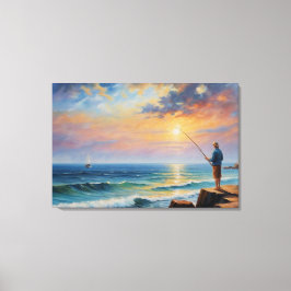 Een schilderij van een man dat aan het vissen is o canvas afdruk