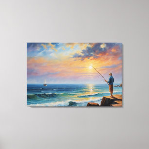 Een schilderij van een man dat aan het vissen is o canvas afdruk