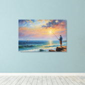 Een schilderij van een man dat aan het vissen is o canvas afdruk (Insitu (Houten vloer))