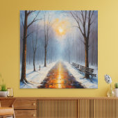 Een schilderij van een pad met banken en bomen in canvas afdruk (Insitu (Woonkamer))