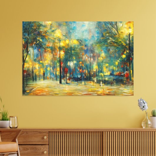 Een schilderij van een park met bomen en lichten canvas afdruk (Insitu (Woonkamer))