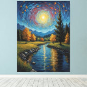 Een schilderij van een rivier met bomen en bergen canvas afdruk (Insitu (Houten vloer))