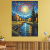 Een schilderij van een rivier met bomen en bergen canvas afdruk (Insitu (Woonkamer))