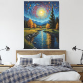 Een schilderij van een rivier met bomen en bergen canvas afdruk (Insitu (Slaapkamer))