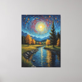 Een schilderij van een rivier met bomen en bergen canvas afdruk