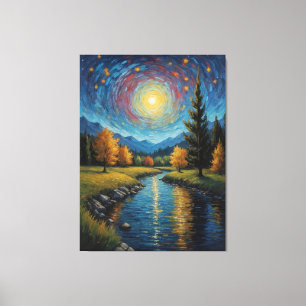 Een schilderij van een rivier met bomen en bergen canvas afdruk