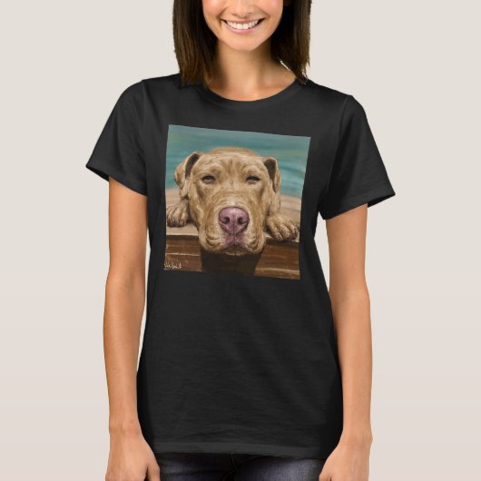 Een schilderij van een rode neus pitbull die een d t-shirt (Voorkant)