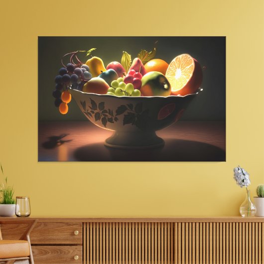 Een schilderij van een schaal met vruchtdoek p canvas afdruk (Insitu (Woonkamer))