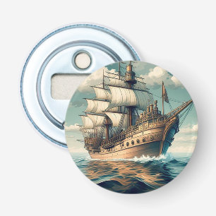 Een schilderij van een schip met de zeilen naar be button flesopener