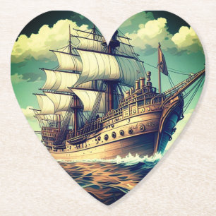 Een schilderij van een schip met de zeilen naar be kartonnen onderzetters